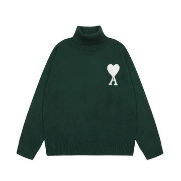 AMI Paris green funnel neck sweater with white heart A motif, oversized fit, stylish casual urban clothing for men and women.