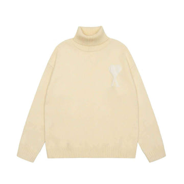 AMI Paris Ami De Coeur funnel neck sweater in cream, featuring a roll neck and signature monogram.