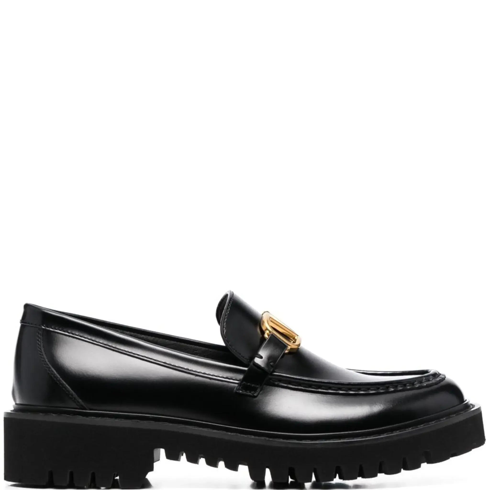 Valentino Garavani black calfskin VLogo loafers with gold logo, trendy fashion footwear for casual and urban outfits.