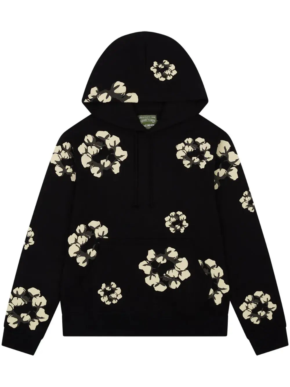 Denim Tears black hoodie with Cotton Wreath print, featuring pouch pocket and relaxed fit, part of Empire Fits collections.
