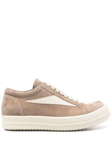 Rick Owens vintage sneakers in beluga grey, featuring contrasting stitching and rubber sole, stylish for urban fashion.