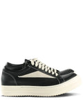 Rick Owens vintage sneakers in black leather with ivory contrast detailing, perfect for trendy urban outfits for 2025.