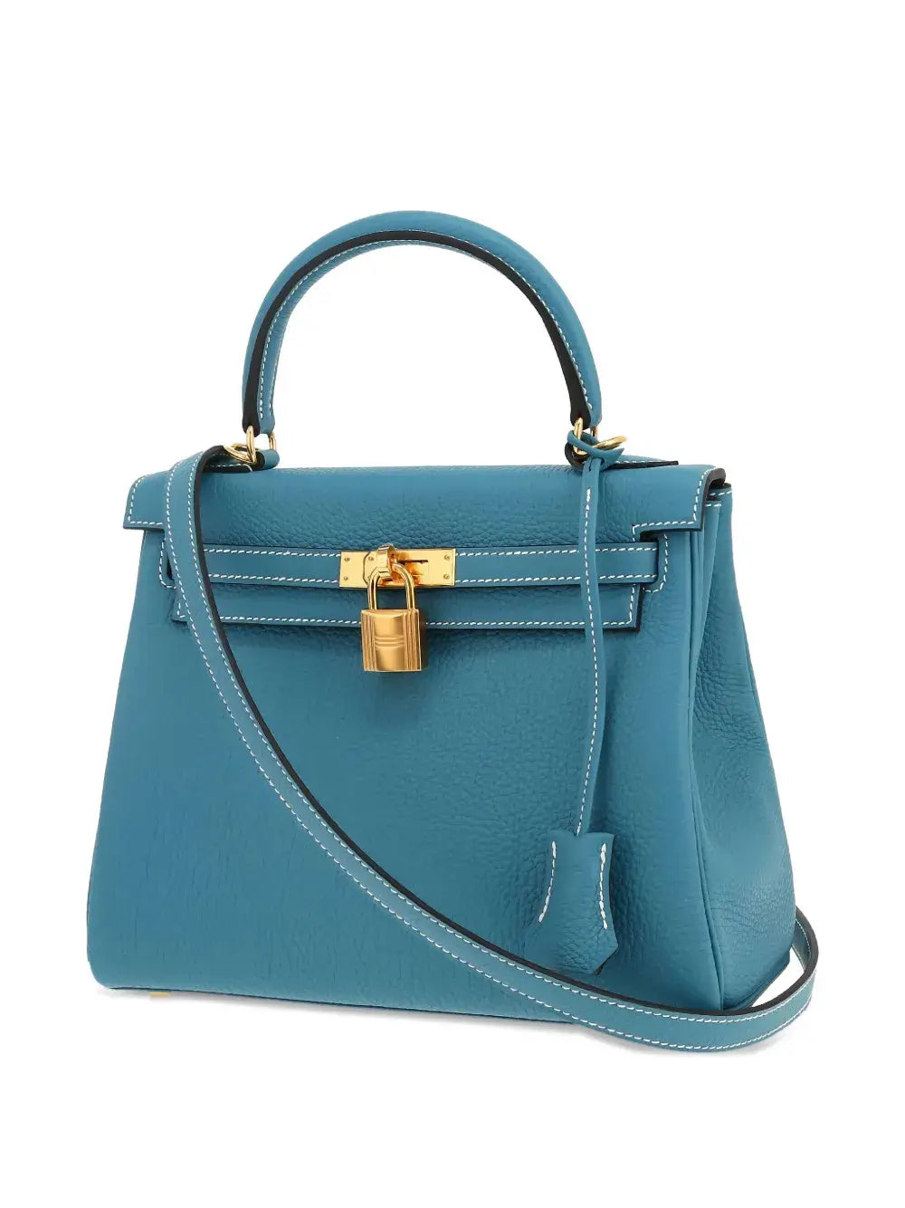 Hermès Pre-Owned 2023 Kelly 25 handbag in blue leather with gold padlock, perfect for trendy outfits and stylish apparel.