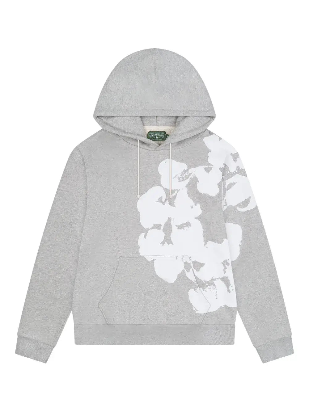 Gray hoodie featuring a white floral print, pouch pocket, and relaxed silhouette, perfect for trendy outfits 2025.
