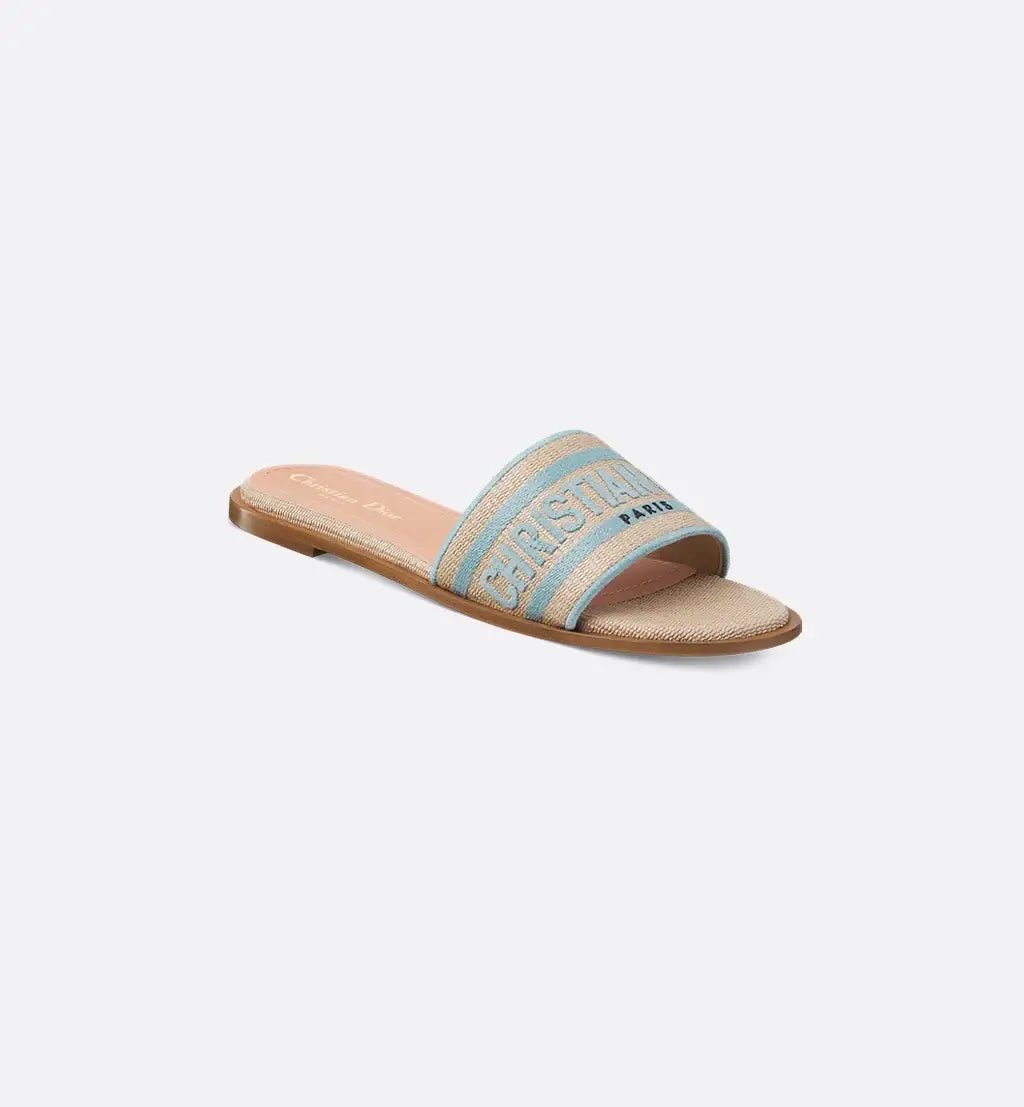 Mule Dway Dioriviera Raphia couleur naturel et coton brodé bleu ciel