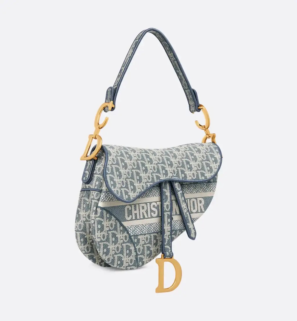 Saddle Bag Blue Dior Oblique Chambray-Effect Embroidery