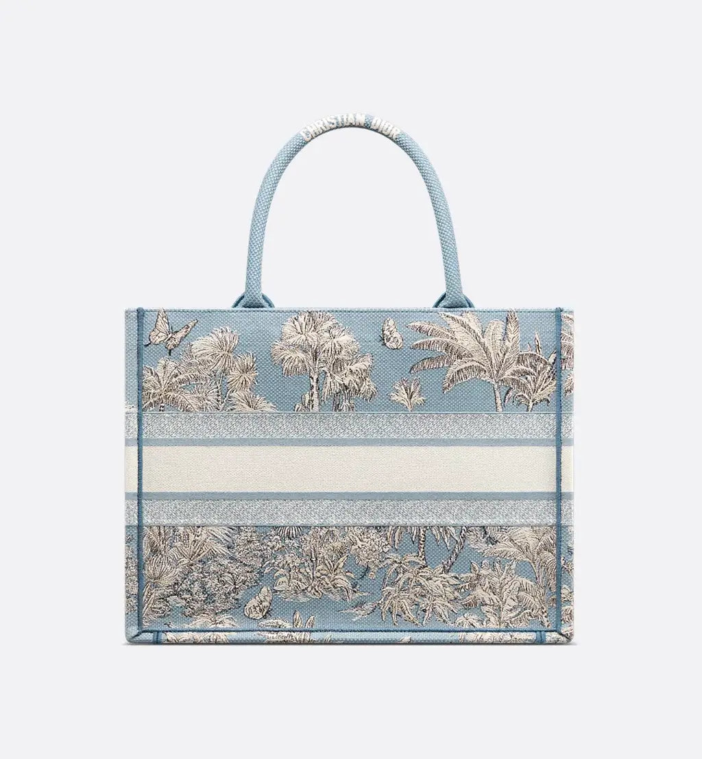 Dioriviera Medium Dior Book Tote Celestial Blue and White Toile de Jouy Palms Embroidery