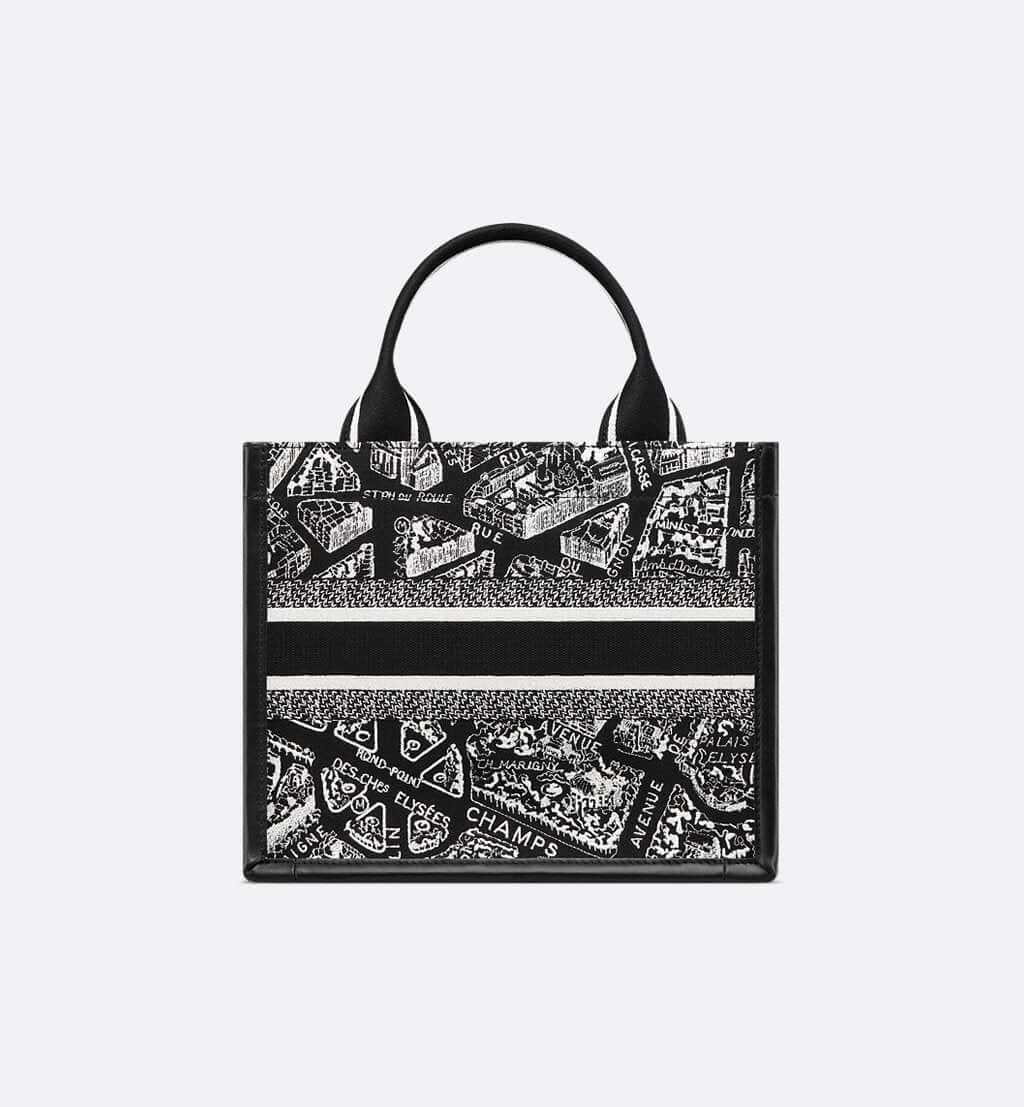 Small Dior Book Tote Black and White Plan de Paris Embroidery with Black Calfskin