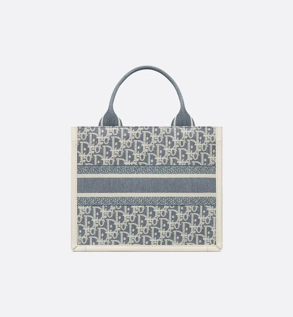 Small Dior Book Tote Blue Dior Oblique Chambray Embroidery and Latte Calfskin