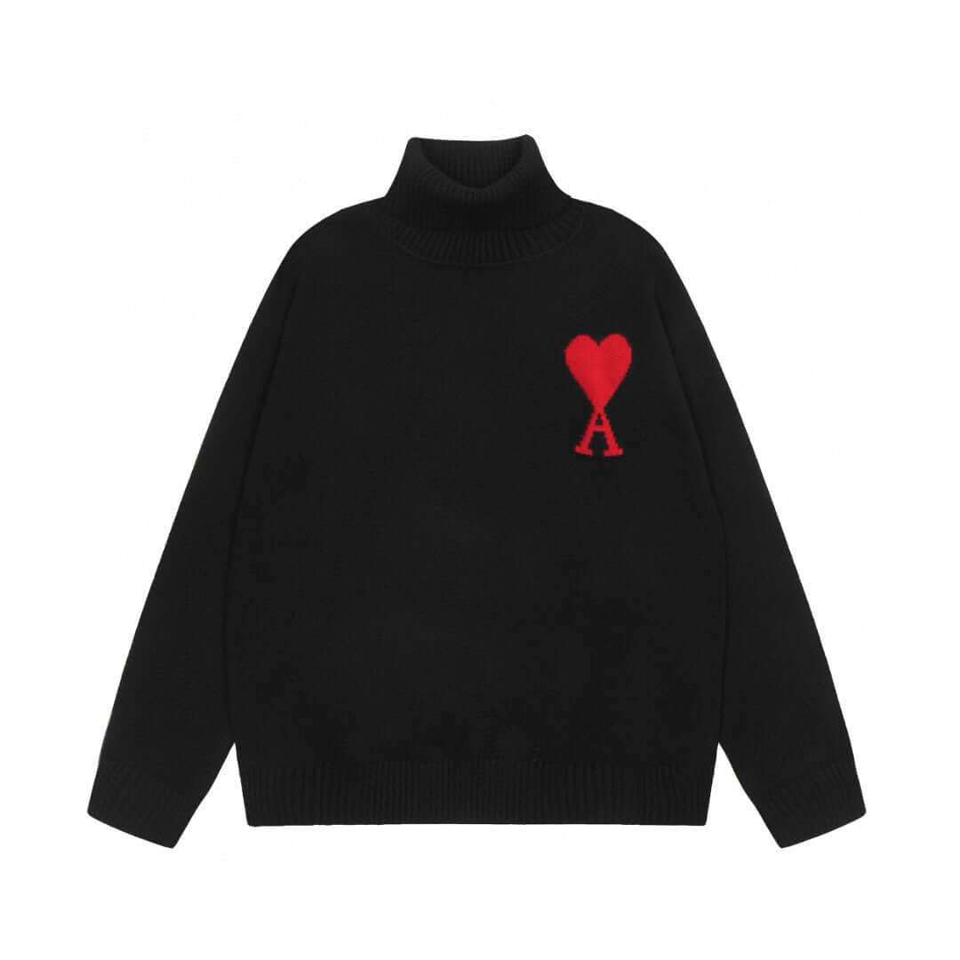 AMI Paris black funnel neck sweater with red heart and A logo, part of trendy streetwear collections for men and women.