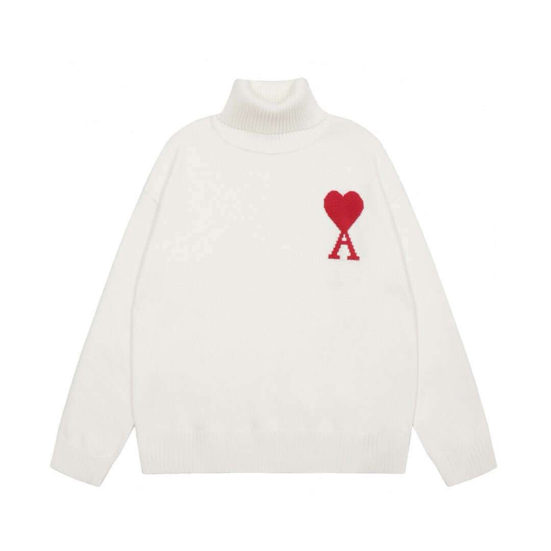 AMI Paris white merino wool funnel neck sweater featuring red heart and 'A' monogram, oversized fit for trendy outfits 2025.