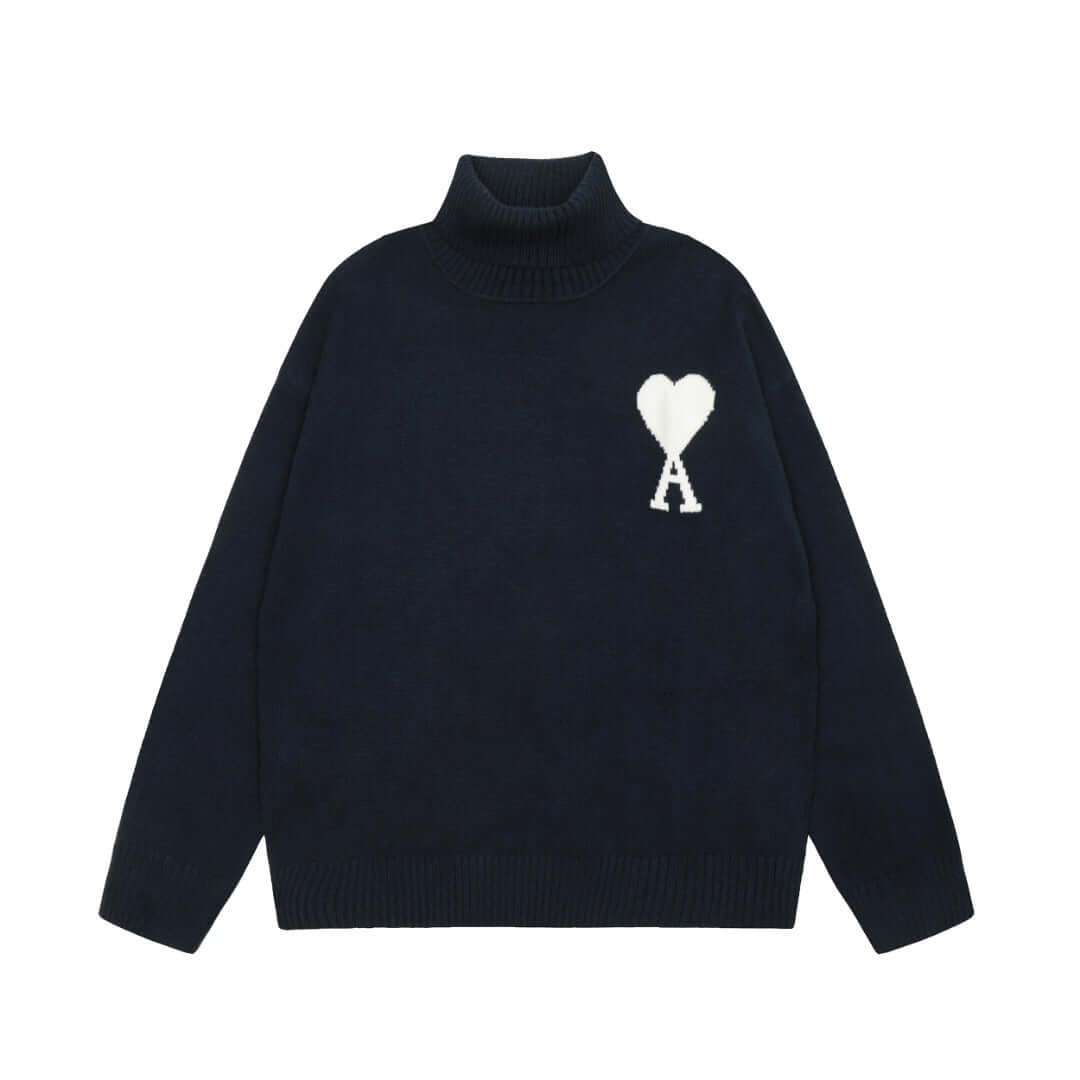 Purple merino wool funnel neck sweater by AMI Paris, featuring Ami de Coeur monogram, oversized fit, perfect for trendy outfits 2025.