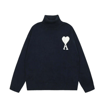 Purple merino wool funnel neck sweater by AMI Paris, featuring Ami de Coeur monogram, oversized fit, perfect for trendy outfits 2025.